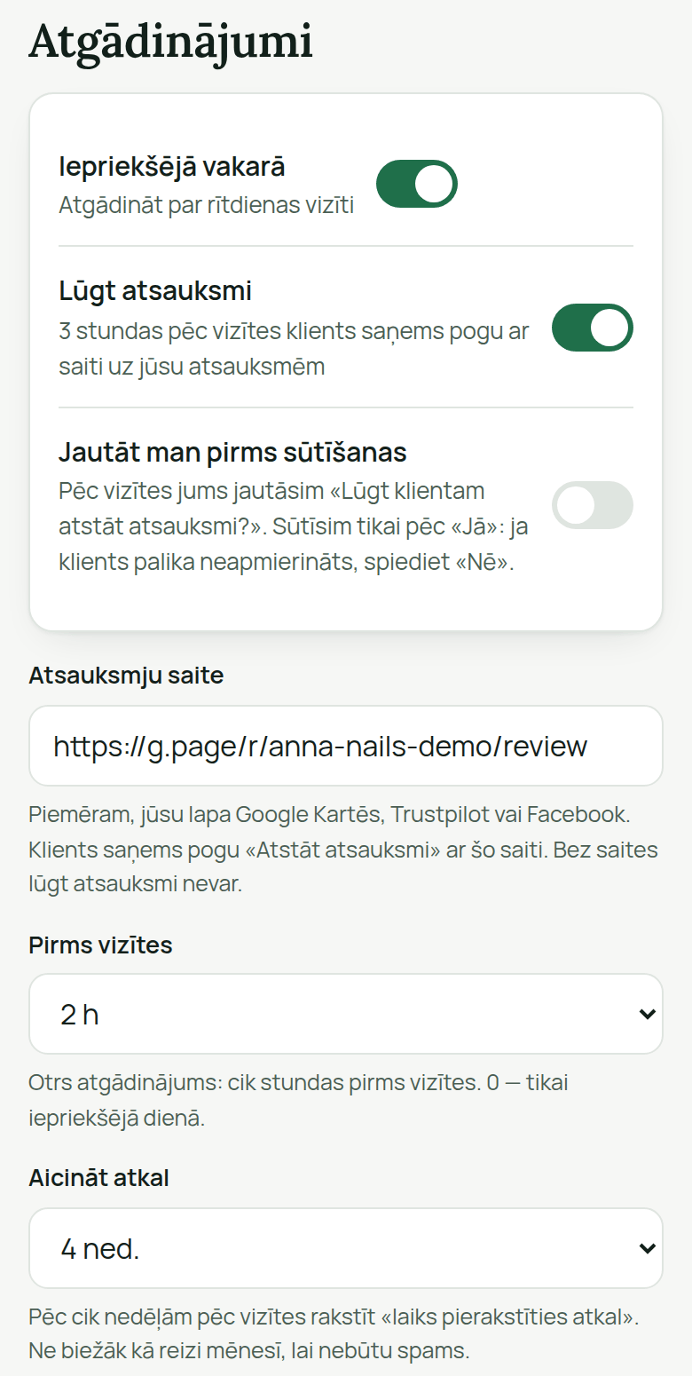 AiKlient kabinets, sadaļa «Bots → Atgādinājumi»: iepriekšējā vakarā, 2 stundas pirms vizītes un aicinājums pierakstīties atkal