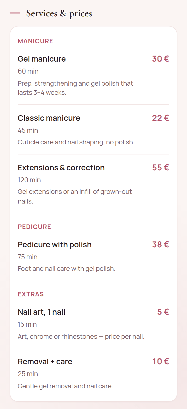 The “Services & prices” block on the same page: “Manicure”, “Pedicure” and “Extras” categories, each service with its duration and price, for example “Gel manicure”, 60 min, 30 €