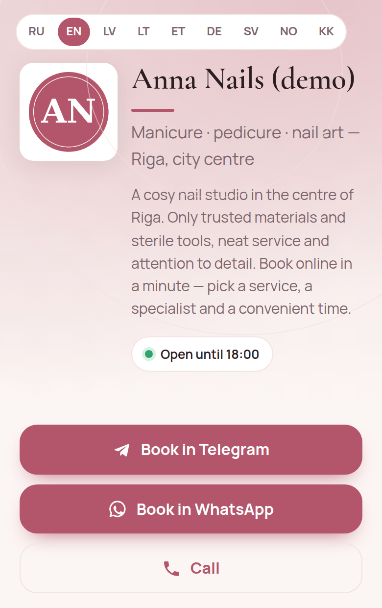 The Anna Nails demo page on a phone: “Open until 18:00” and the “Book in Telegram”, “Book in WhatsApp” and “Call” buttons