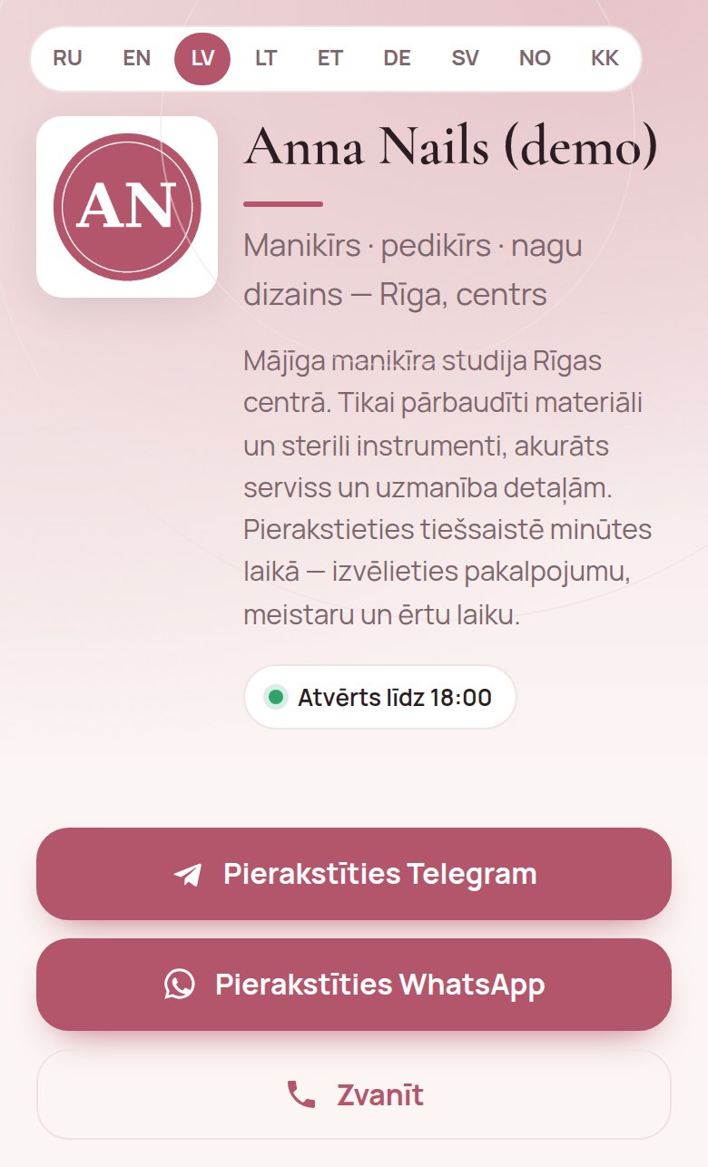 Manikīra meistares Anna Nails demo lapa telefonā: «Atvērts līdz 18:00» un pogas «Pierakstīties Telegram», «Pierakstīties WhatsApp» un «Zvanīt»