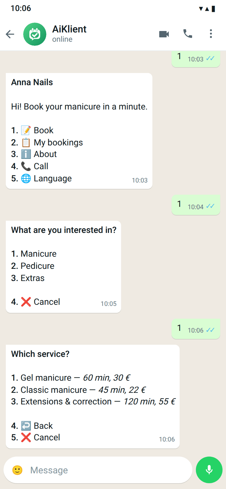 Chat with AiKlient in WhatsApp: the demo salon Anna Nails greets with a numbered menu, then categories and services with prices — the client replies with a number