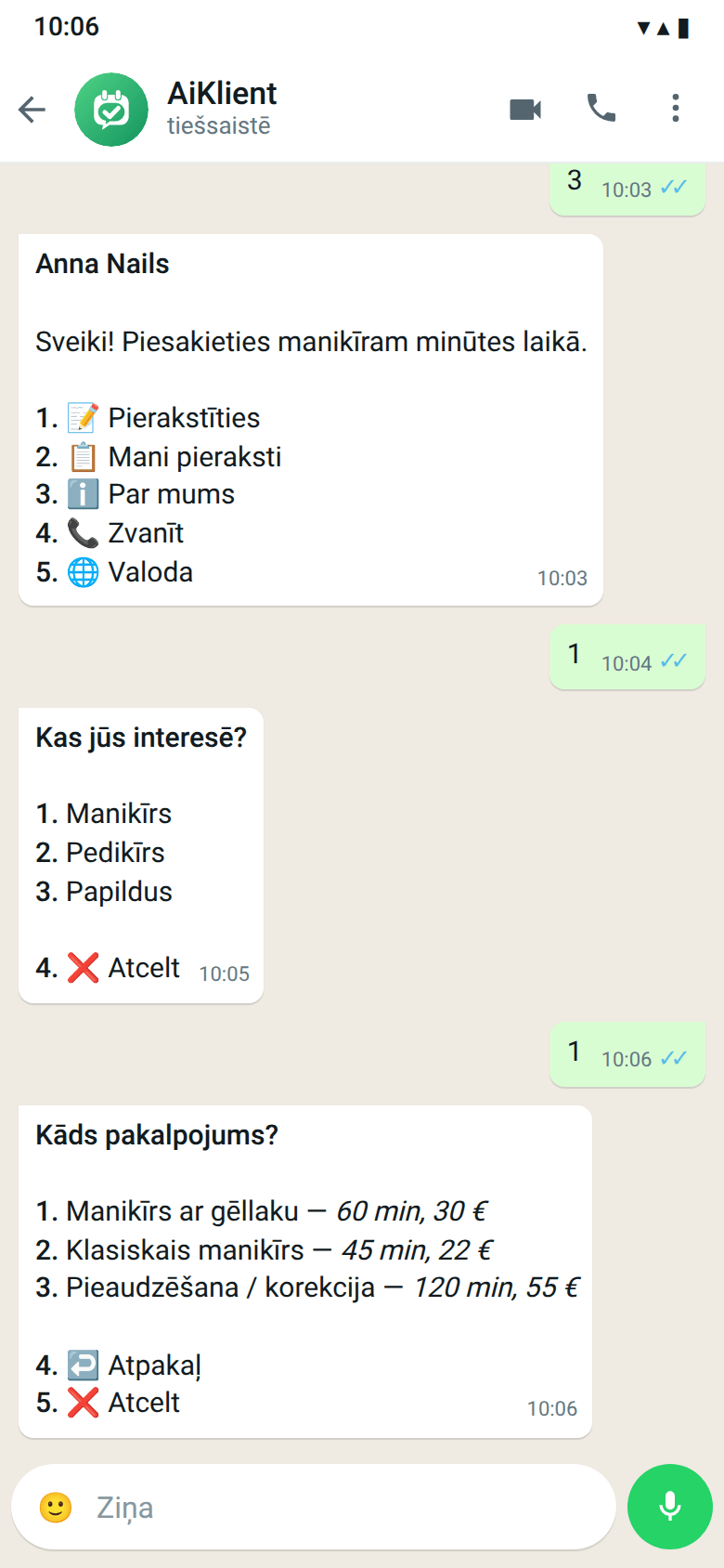 Sarakste ar AiKlient WhatsApp: demo salona Anna Nails sveiciens ar numurētu izvēlni, kategorijas un pakalpojumu saraksts ar cenām — kliente atbild ar ciparu