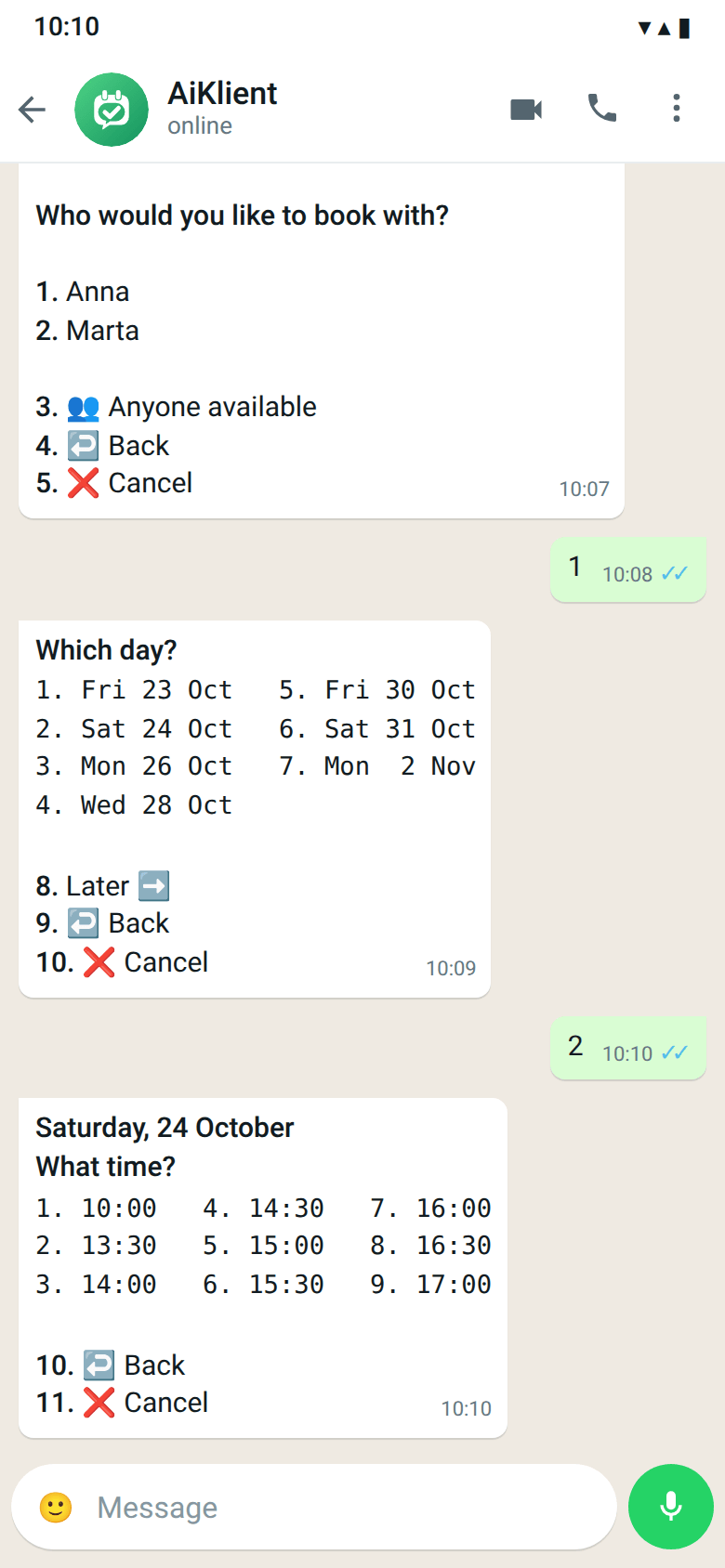 The WhatsApp bot shows days as a two-column table and free times three per row — the client replies with a number