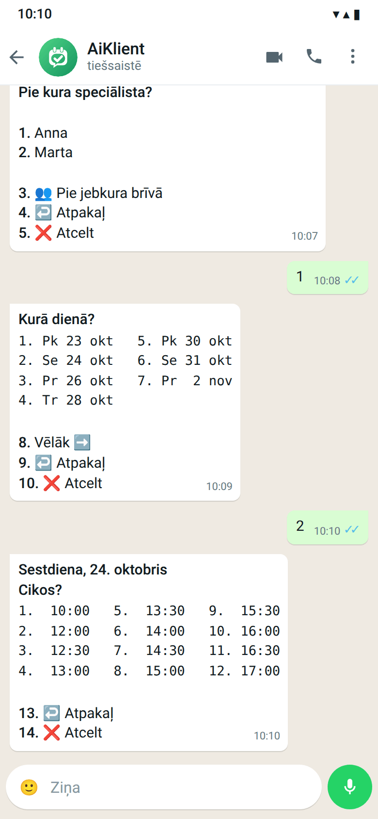 Bots WhatsApp piedāvā dienas tabulā divās kolonnās un brīvos laikus pa trim rindā — kliente atbild ar ciparu