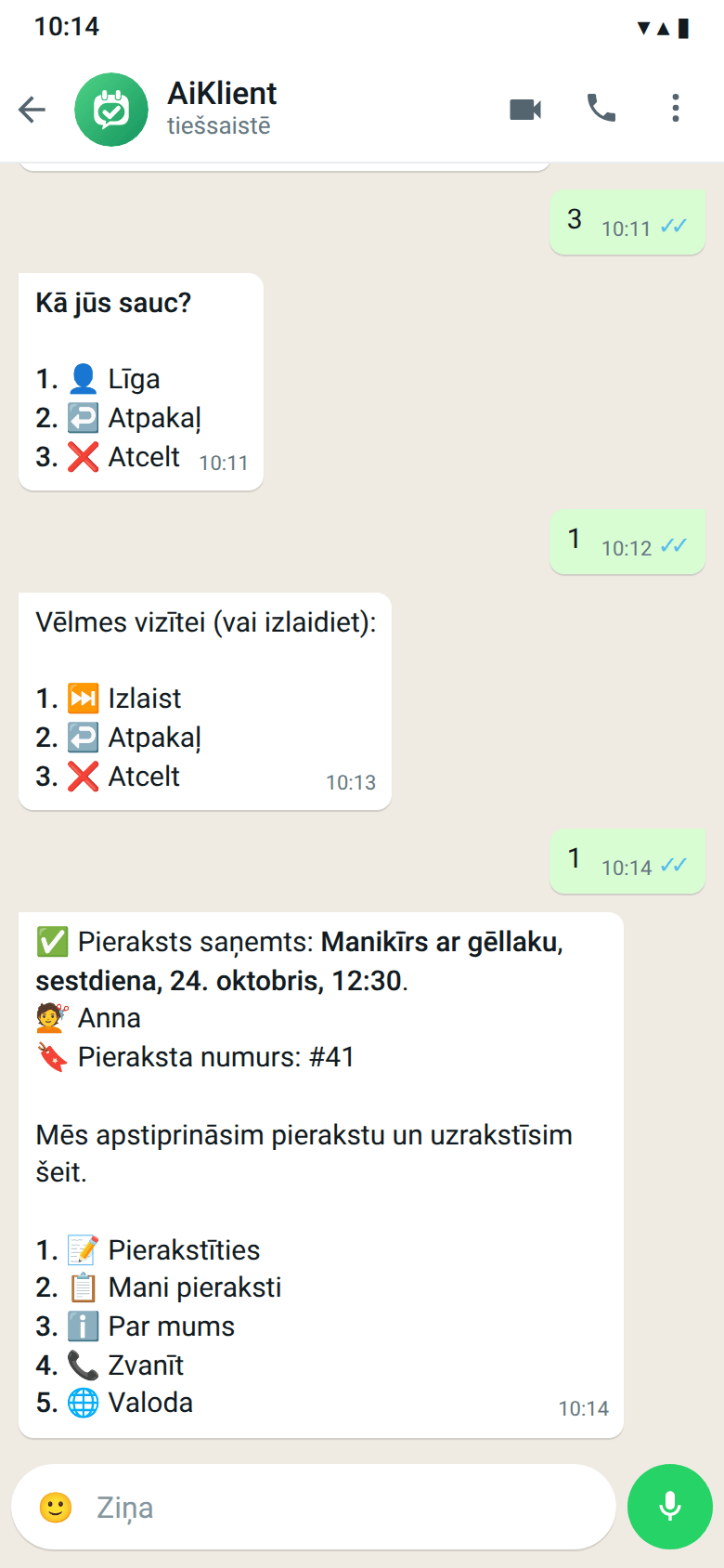 Kliente izvēlas vārdu un izlaiž vēlmes, bots raksta «✅ Pieraksts saņemts» ar speciālista vārdu un pieraksta numuru