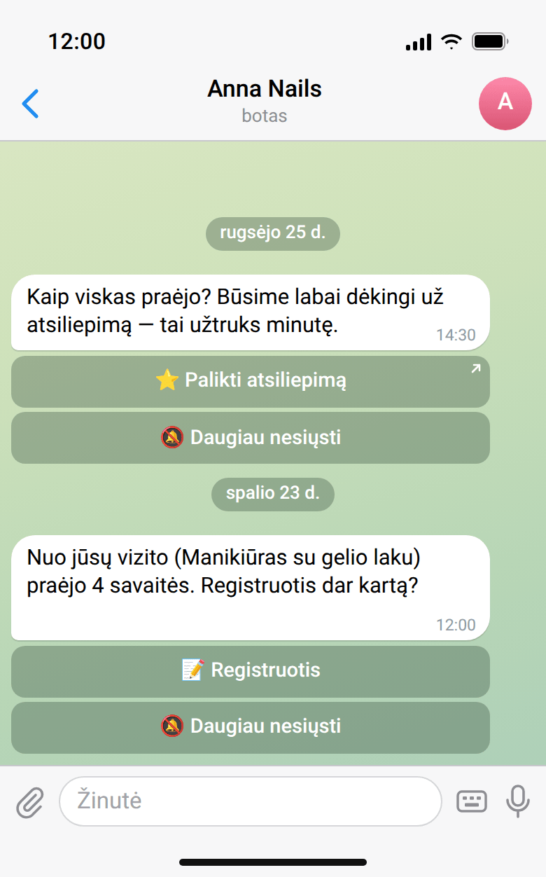 Praėjus 3 valandoms po vizito botas paprašo atsiliepimo su mygtuku „⭐ Palikti atsiliepimą“, o po 4 savaičių parašo „Nuo jūsų vizito (Manikiūras su gelio laku) praėjo 4 savaitės Registruotis dar kartą?“ su mygtukais „📝 Registruotis“ ir „🔕 Daugiau nesiųsti“