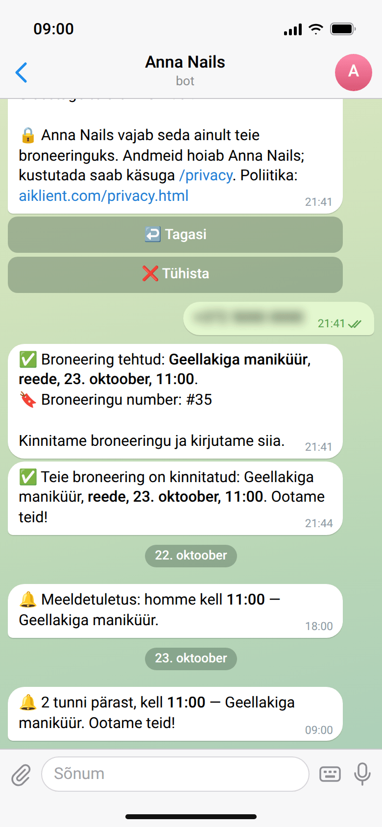 Kliendi vestlus Anna Nailsi botiga Telegramis: broneeringu kinnitus, meeldetuletus eelmisel õhtul kell 18:00 „🔔 Meeldetuletus: homme kell 11:00 — Geellakiga maniküür.“ ja 2 tundi enne visiiti „🔔 2 tunni pärast, kell 11:00 — Geellakiga maniküür. Ootame teid!“