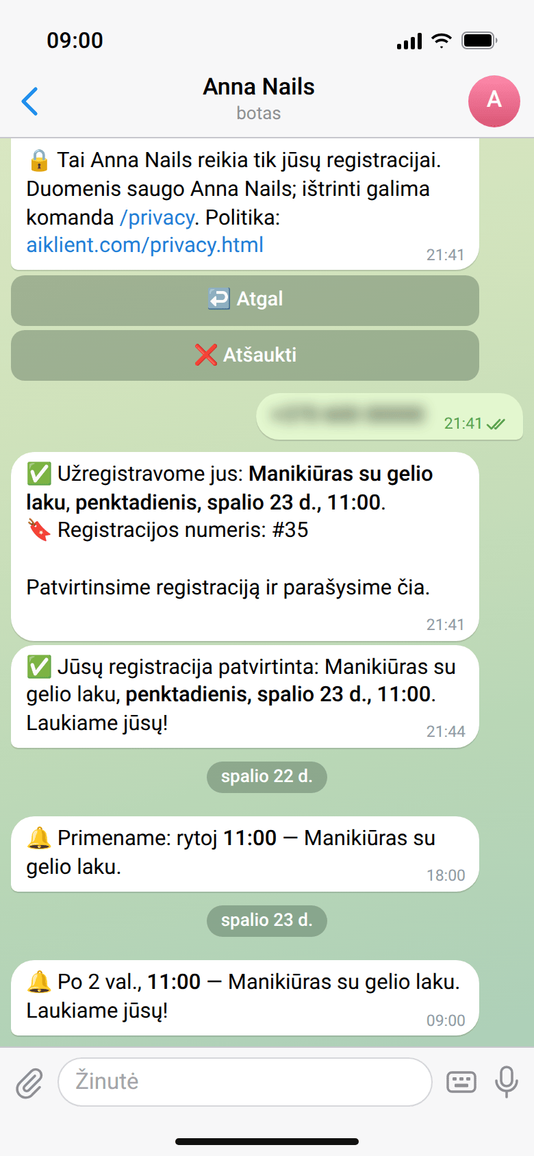 Klientės pokalbis su Anna Nails botu: registracijos patvirtinimas, priminimas vakarą prieš vizitą 18:00 „🔔 Primename: rytoj 11:00 — Manikiūras su gelio laku.“ ir likus 2 valandoms „🔔 Po 2 val., 11:00 — Manikiūras su gelio laku. Laukiame jūsų!“