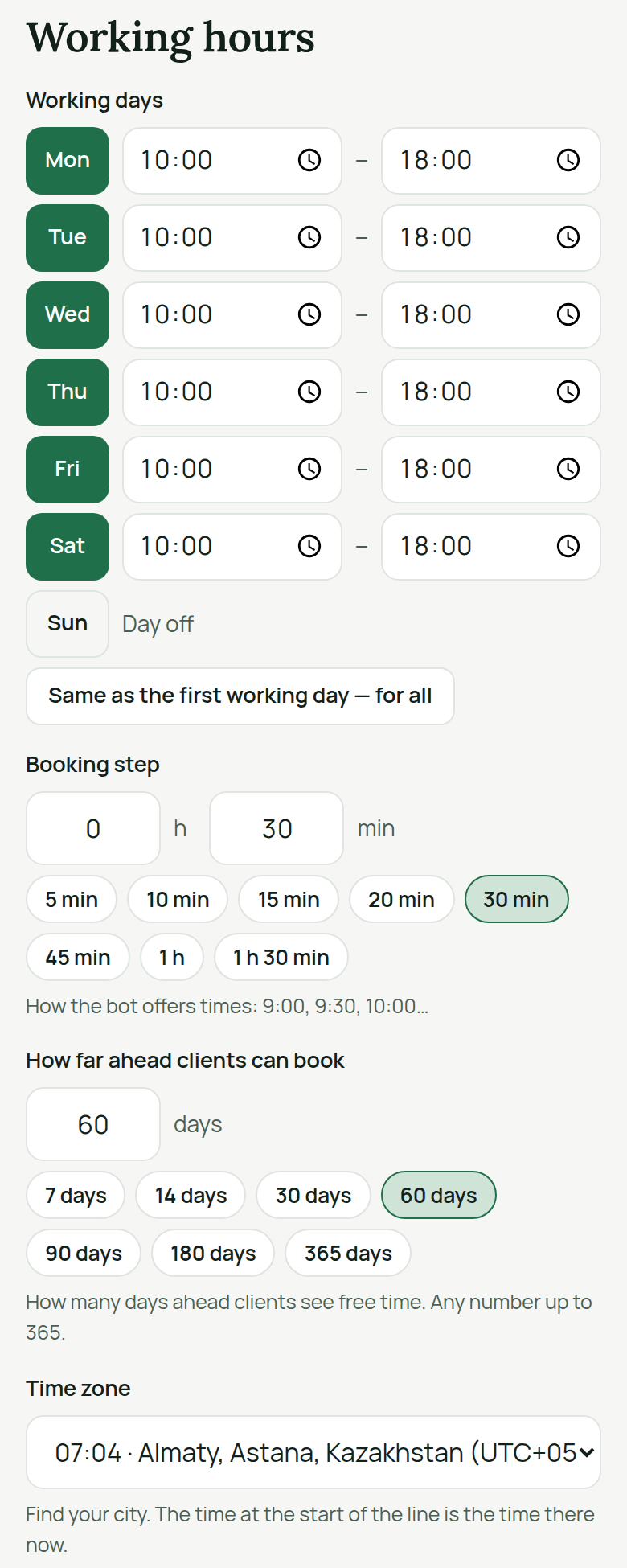 AiKlient dashboard, “Working hours”: working days Monday to Saturday from 10:00 to 18:00, Sunday off, “Booking step” set to 30 min, “How far ahead clients can book” set to 60 days, “Time zone” set to “Almaty, Astana, Kazakhstan”, UTC+5