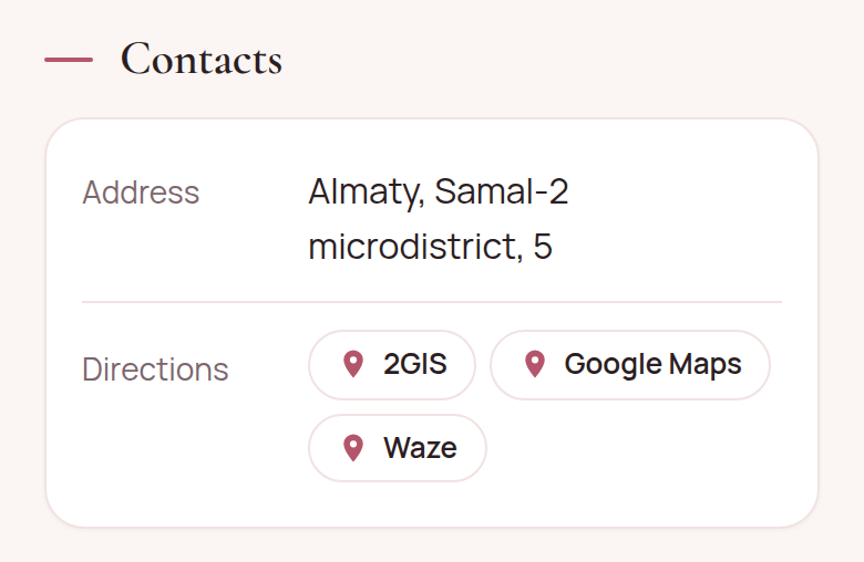 A pro’s page on AiKlient, “Contacts” block: an address in Almaty’s Samal-2 microdistrict and a “Directions” row with “2GIS”, “Google Maps” and “Waze” buttons