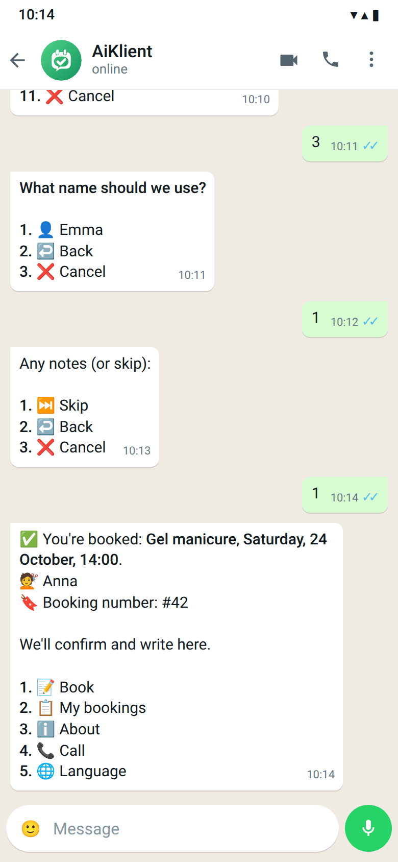 The bot replies “✅ You’re booked” with the pro’s name and the booking number, followed by the numbered menu