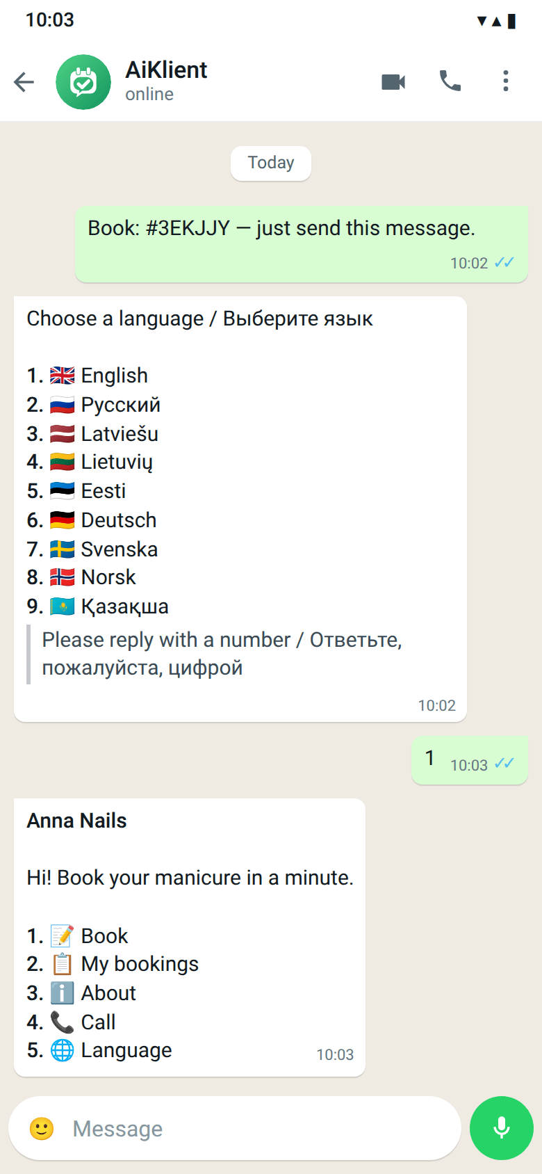 A client opened the demo salon’s link and sent the ready-made message with the code; the bot asks for a language and shows a numbered menu