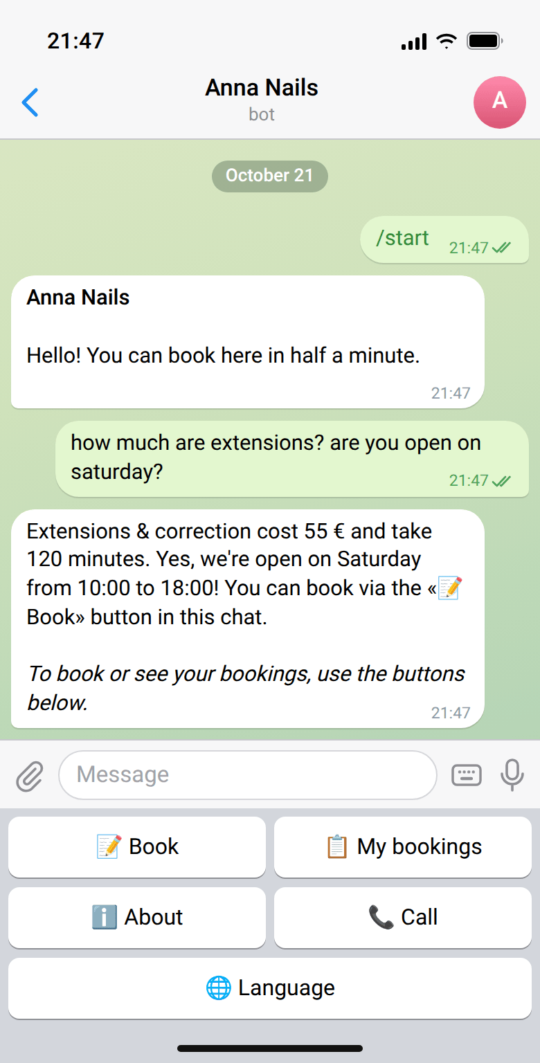 The client writes “how much are extensions? are you open on saturday?”, the bot answers 55 € and Saturday 10:00 to 18:00; the reply was written by AI from the owner's settings