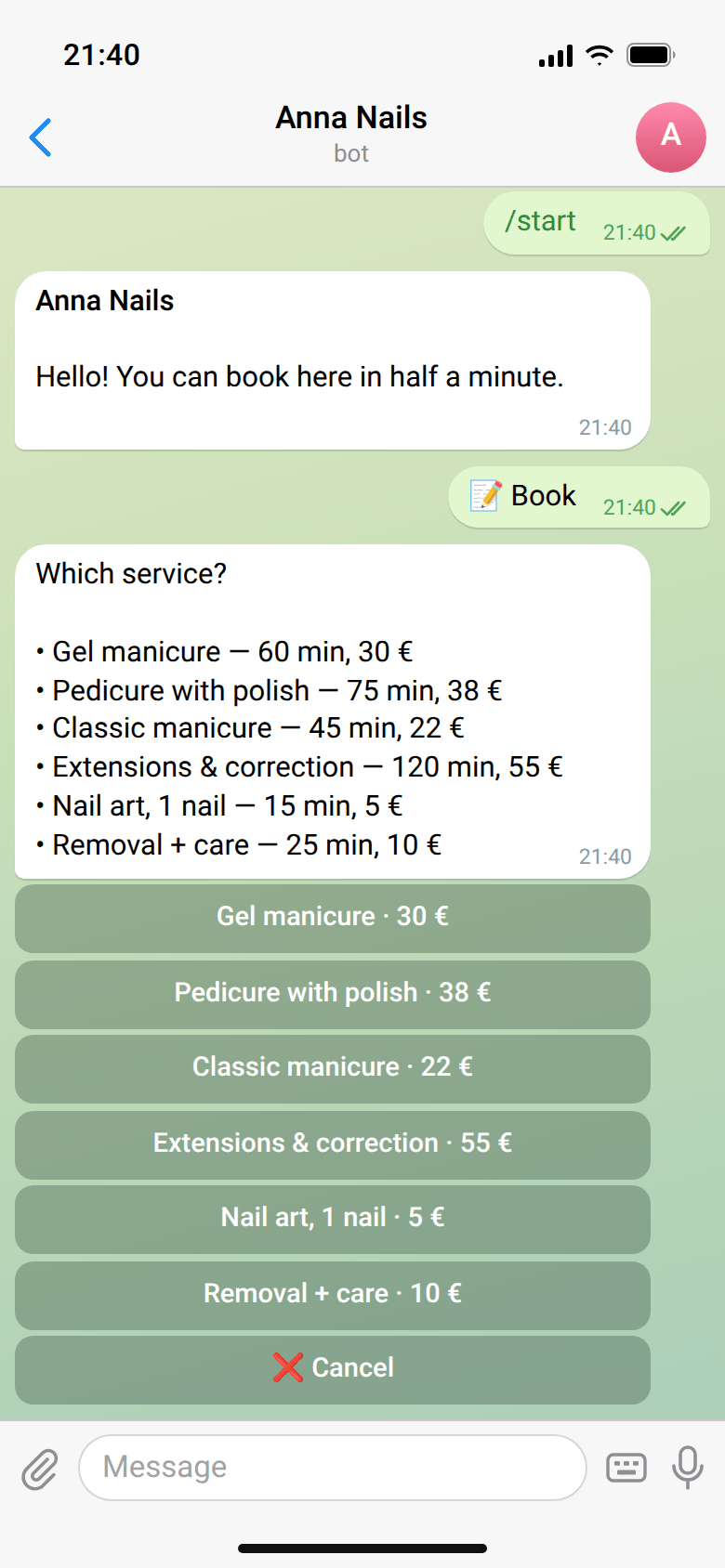 Telegram chat with the Anna Nails bot: the client tapped “📝 Book”, the bot sent the list of services with prices and service buttons