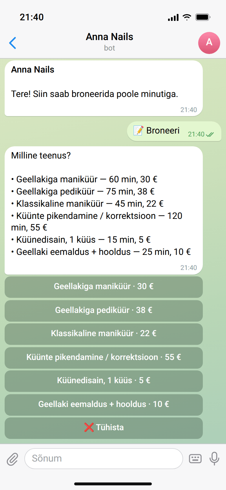 Vestlus Anna Nailsi botiga Telegramis: klient vajutas „📝 Broneeri“, bot küsib „Milline teenus?“ ning saadab teenuste loendi hindadega ja teenuste nupud