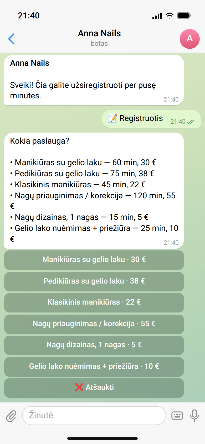 Pokalbis su Anna Nails botu Telegram: klientė paspaudė „📝 Registruotis“, botas klausia „Kokia paslauga?“ ir atsiunčia paslaugų sąrašą su kainomis bei paslaugų mygtukus