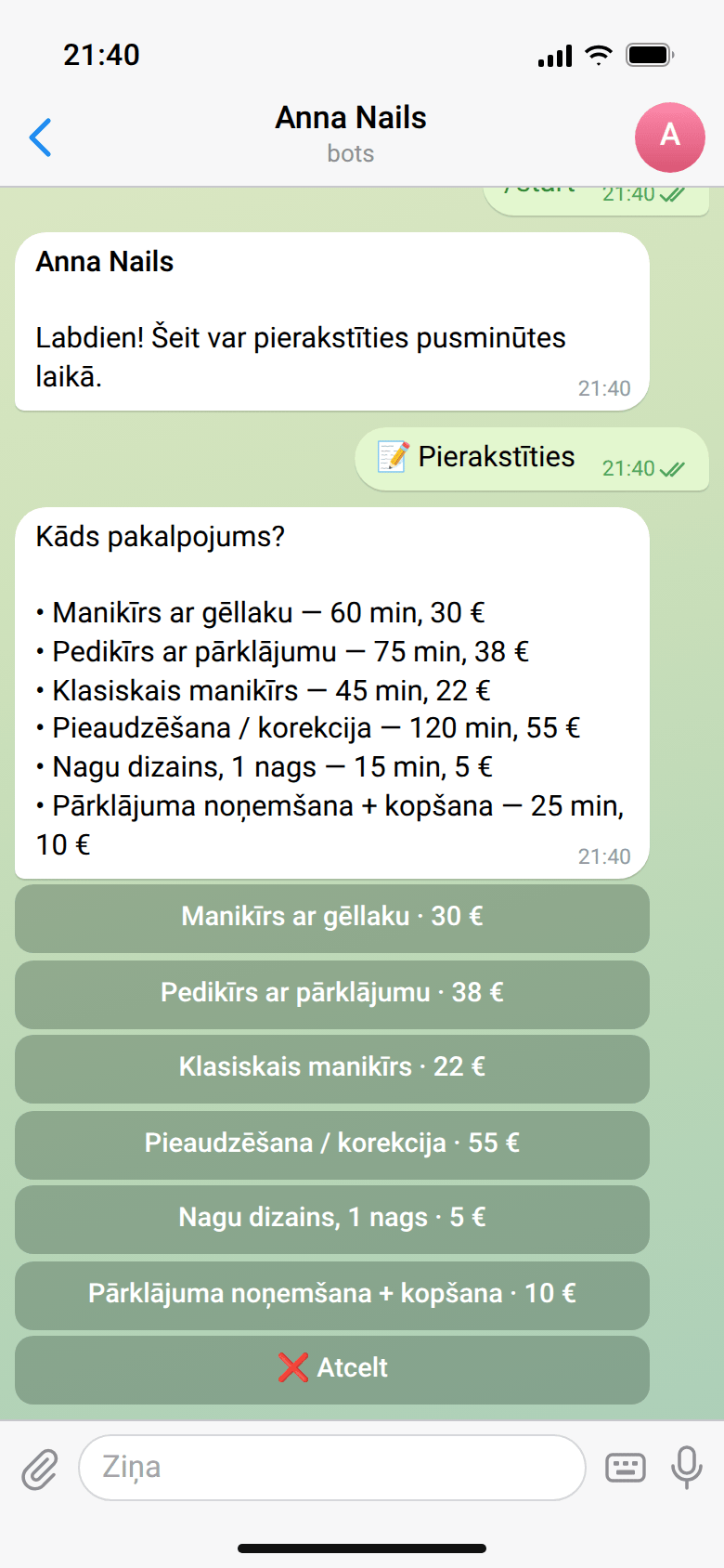 Sarakste ar botu Anna Nails Telegram: kliente nospiedusi «📝 Pierakstīties», bots atsūtījis pakalpojumu sarakstu ar cenām un pakalpojumu pogas