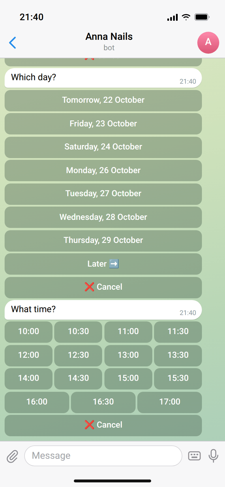 The bot offers day buttons “Tomorrow, 22 October”, “Friday, 23 October” and free time slots from 10:00 to 17:00
