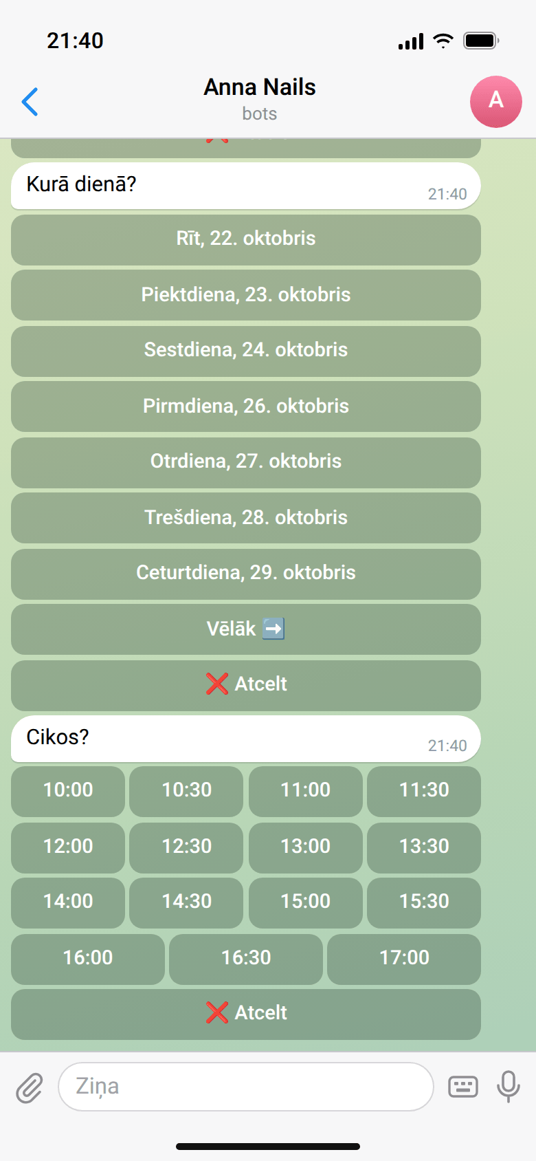 Bots piedāvā dienu pogas «Rīt, 22. oktobris», «Piektdiena, 23. oktobris» un brīvo laiku pogas no 10:00 līdz 17:00