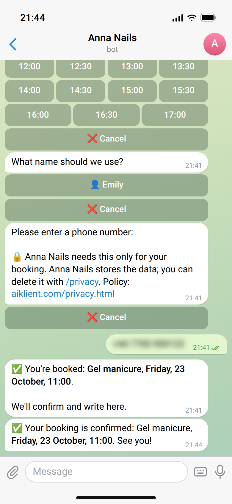 The bot asks for a name and phone number and replies “✅ You're booked: Gel manicure, Friday, 23 October, 11:00”; three minutes later the confirmation arrives