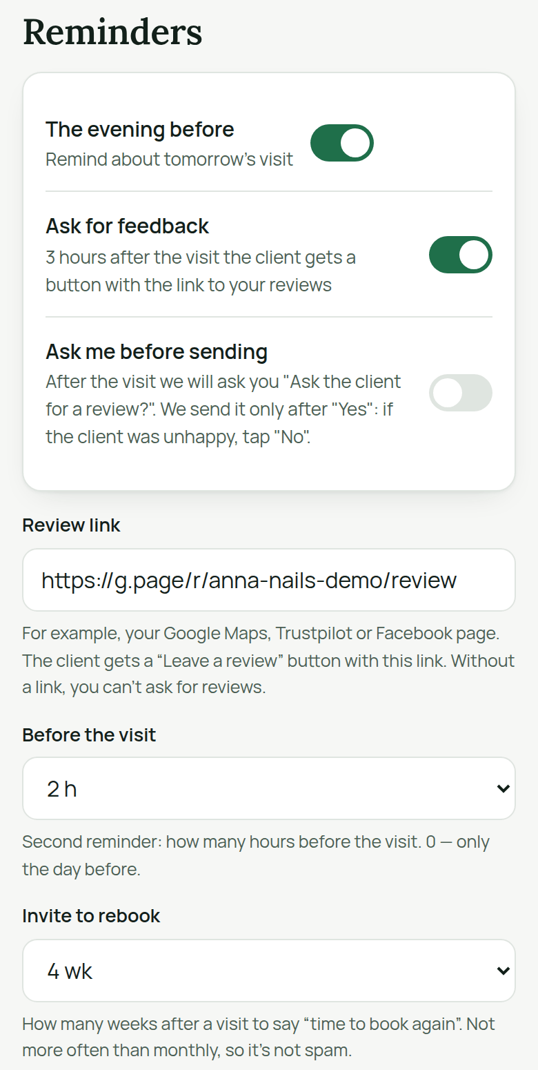 AiKlient dashboard, Bot → Reminders: The evening before, Ask for feedback, Ask me before sending, review link, Before the visit: 2 h, Invite to rebook: 4 wk