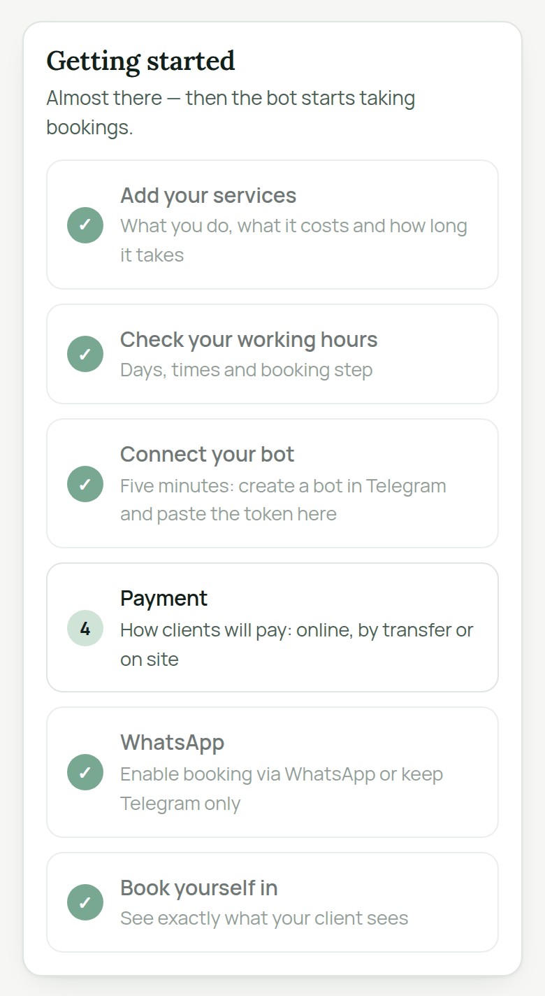 “Getting started” card in the AiKlient dashboard: Add your services, Check your working hours, Connect your bot, Payment, WhatsApp, Book yourself in