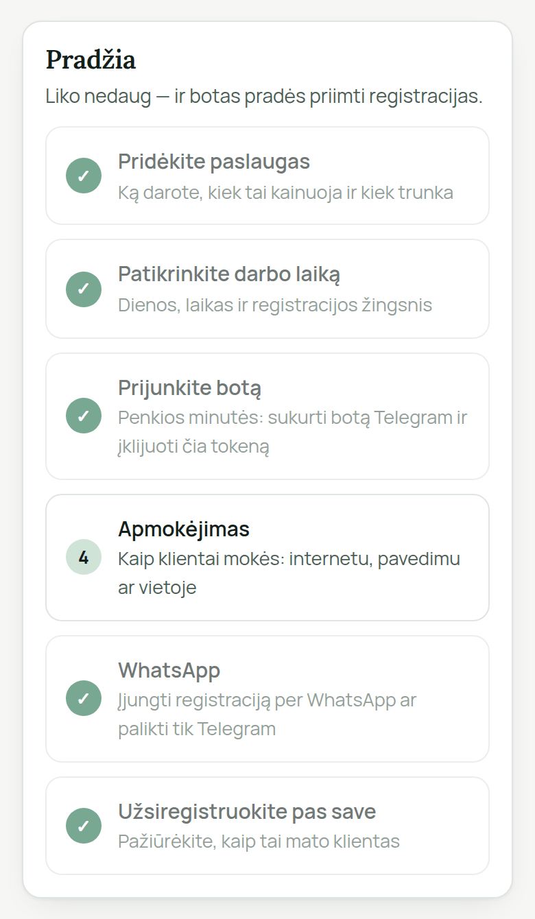 Kortelė „Pradžia“ AiKlient kabinete: „Pridėkite paslaugas“, „Patikrinkite darbo laiką“, „Prijunkite botą“, „Apmokėjimas“, „WhatsApp“, „Užsiregistruokite pas save“