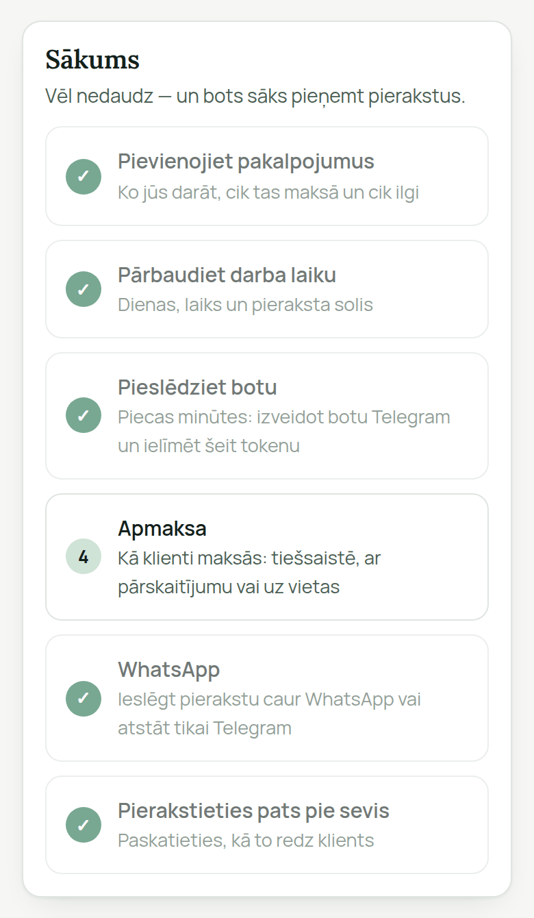Kartīte «Sākums» AiKlient kabinetā: «Pievienojiet pakalpojumus», «Pārbaudiet darba laiku», «Pieslēdziet botu», «Apmaksa», «WhatsApp», «Pierakstieties pats pie sevis»