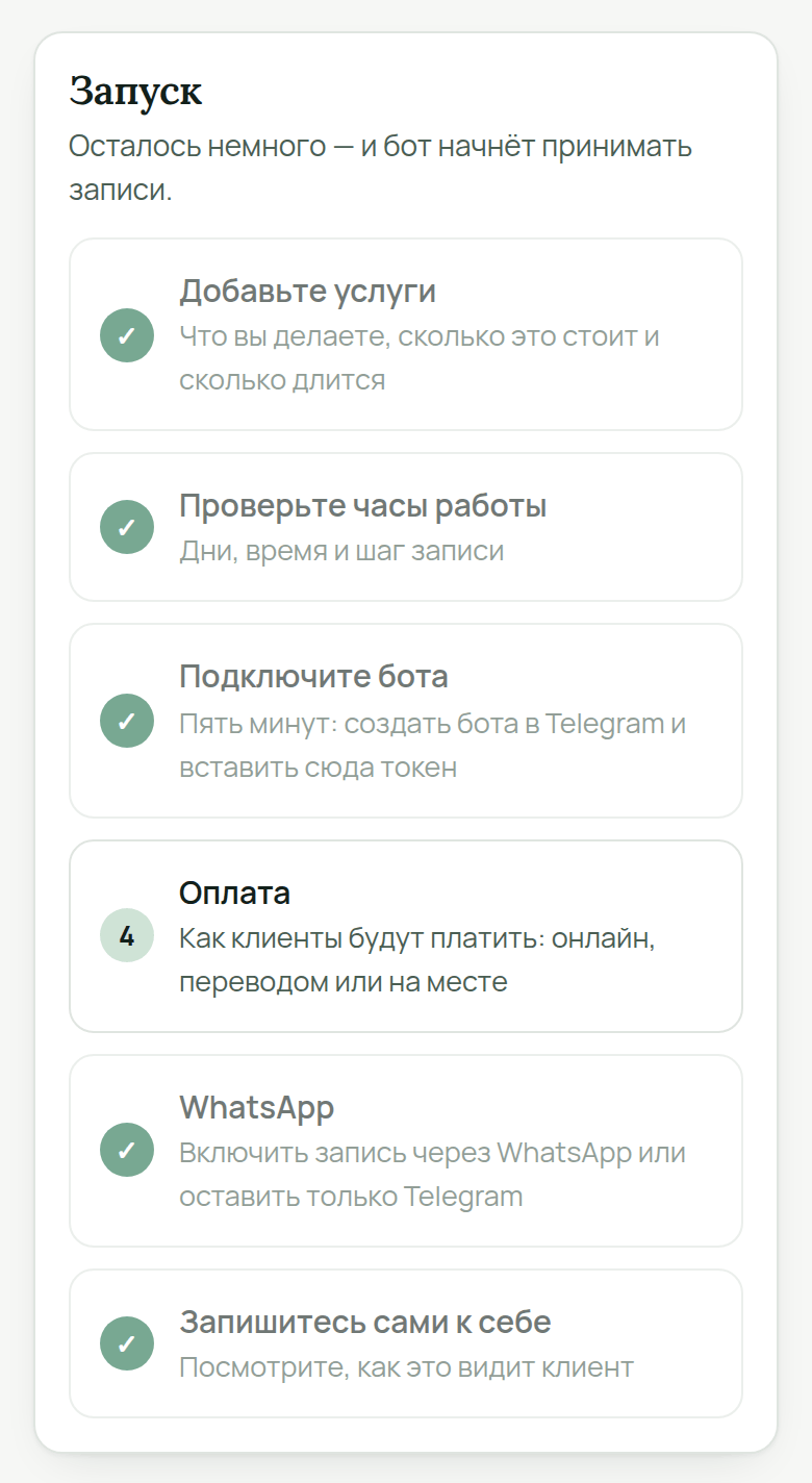 Карточка «Запуск» в кабинете AiKlient: «Добавьте услуги», «Проверьте часы работы», «Подключите бота», «Оплата», «WhatsApp», «Запишитесь сами к себе»