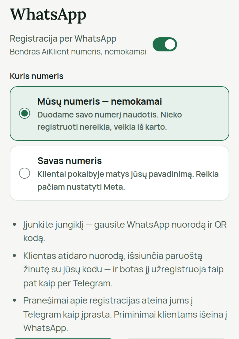 Kabinetas, „Botas → WhatsApp“: jungiklis „Registracija per WhatsApp“ ir numerio pasirinkimas „Mūsų numeris — nemokamai“ arba „Savas numeris“