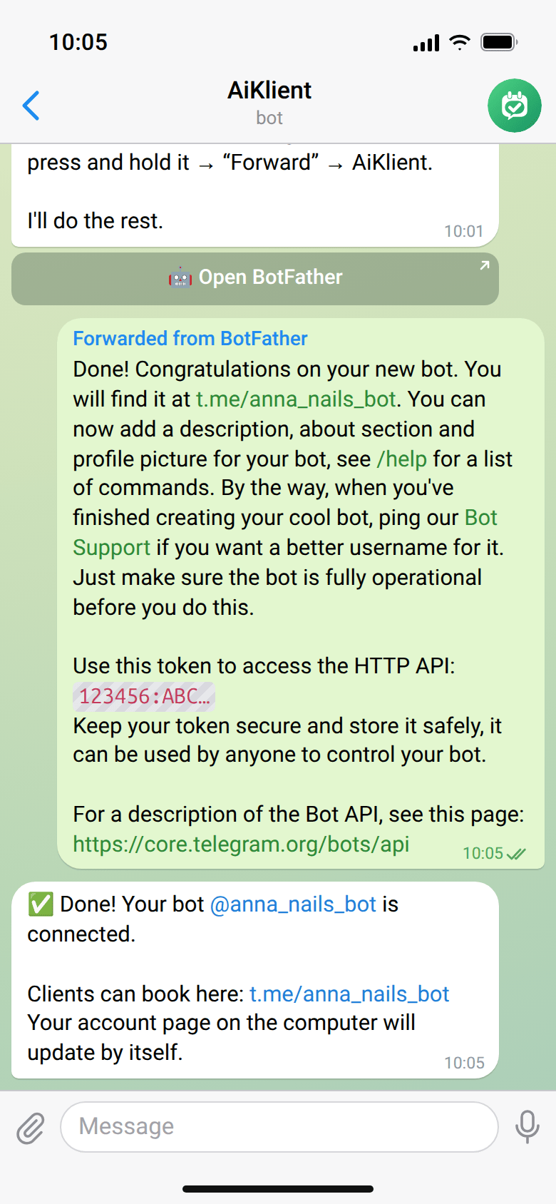 Chat with @aiklient_bot: instructions with an “🤖 Open BotFather” button, the forwarded BotFather message and the reply “✅ Done! Your bot @anna_nails_bot is connected”