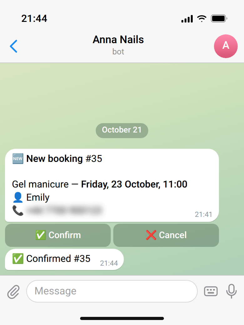 Owner's Telegram: “🆕 New booking #35” with service, time, client name and a hidden phone number, “✅ Confirm” and “❌ Cancel” buttons, then the reply “✅ Confirmed #35”