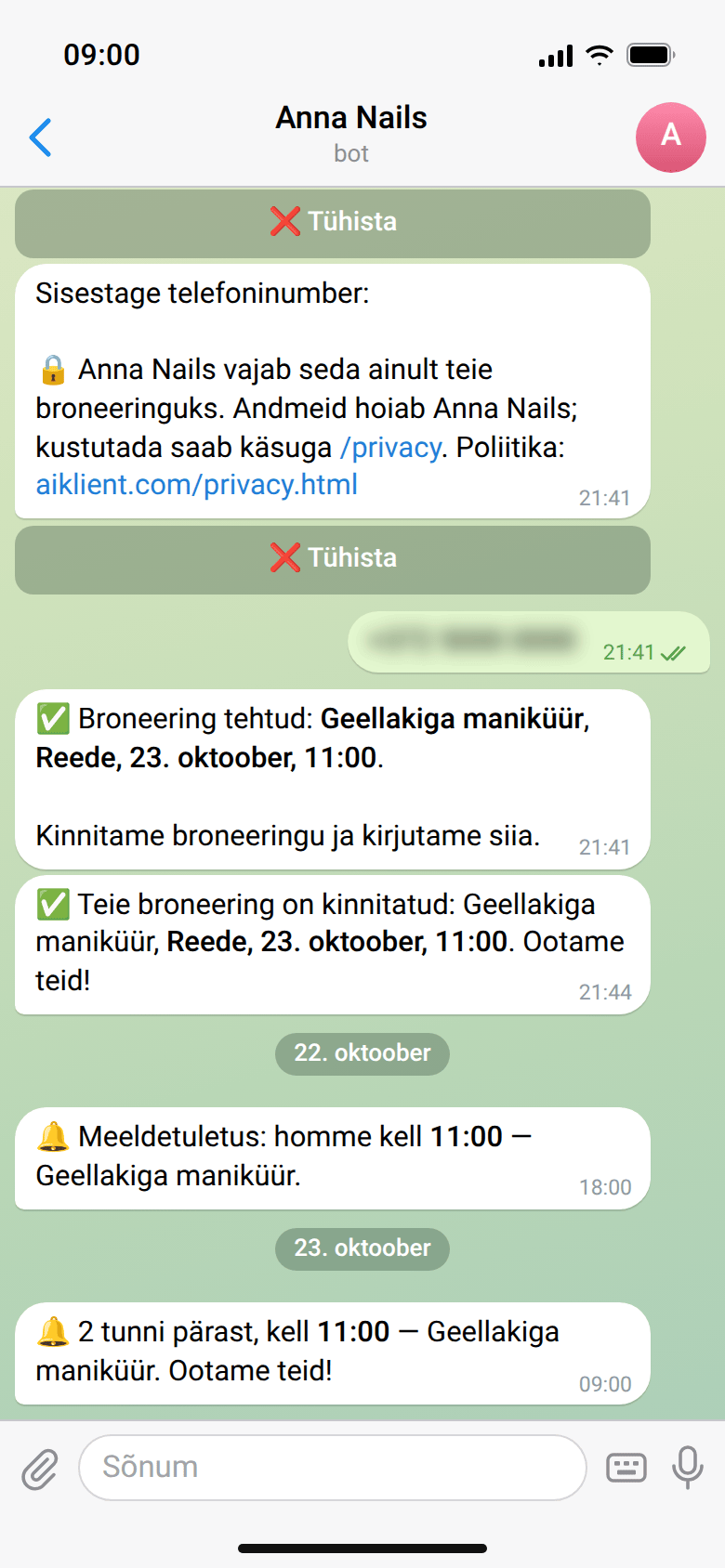 Broneeringu kinnitus ja kaks meeldetuletust: eelmisel õhtul kell 18 ja visiidi päeval kell 9, kaks tundi enne algust