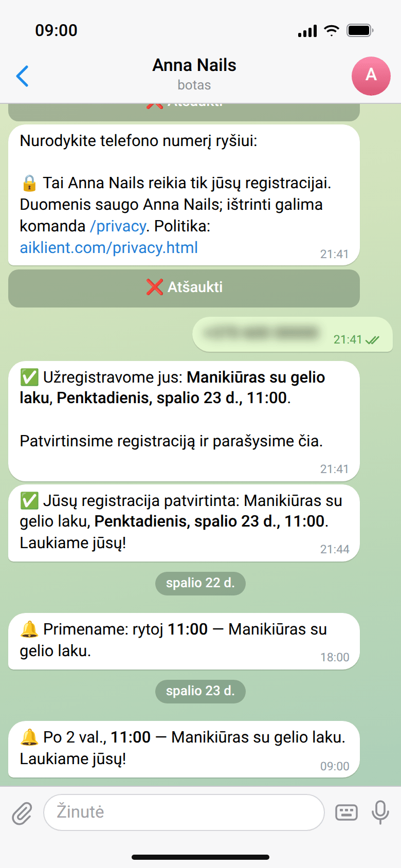 Registracijos patvirtinimas ir du priminimai: spalio 22 d. 18:00 „🔔 Primename: rytoj 11:00 — Manikiūras su gelio laku.“ ir vizito dieną 09:00, likus 2 valandoms