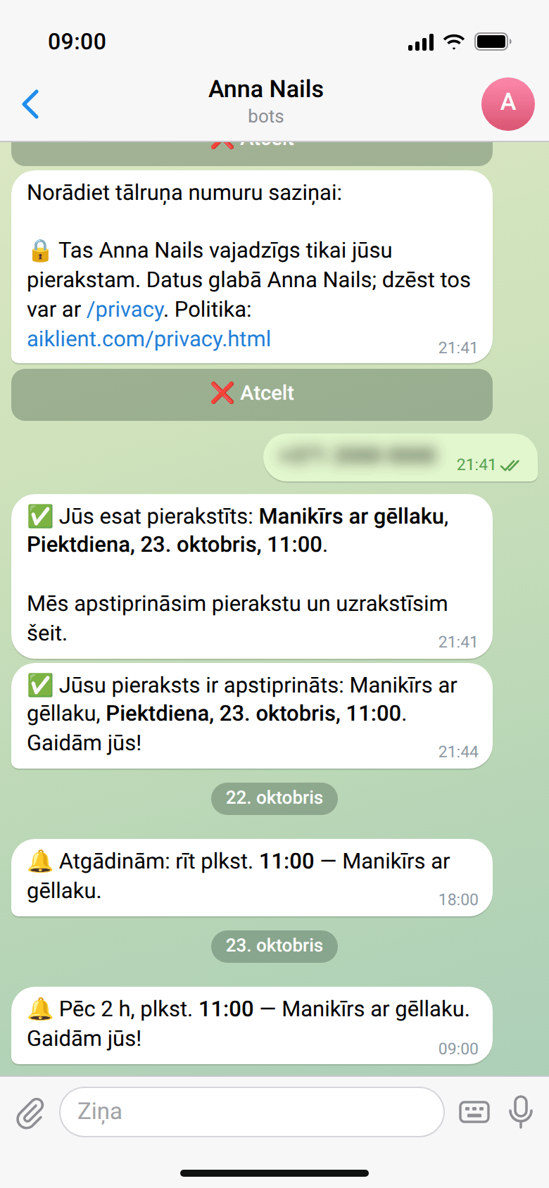 Pieraksta apstiprinājums un divi atgādinājumi: iepriekšējā vakarā plkst. 18:00 un vizītes dienā 2 stundas iepriekš