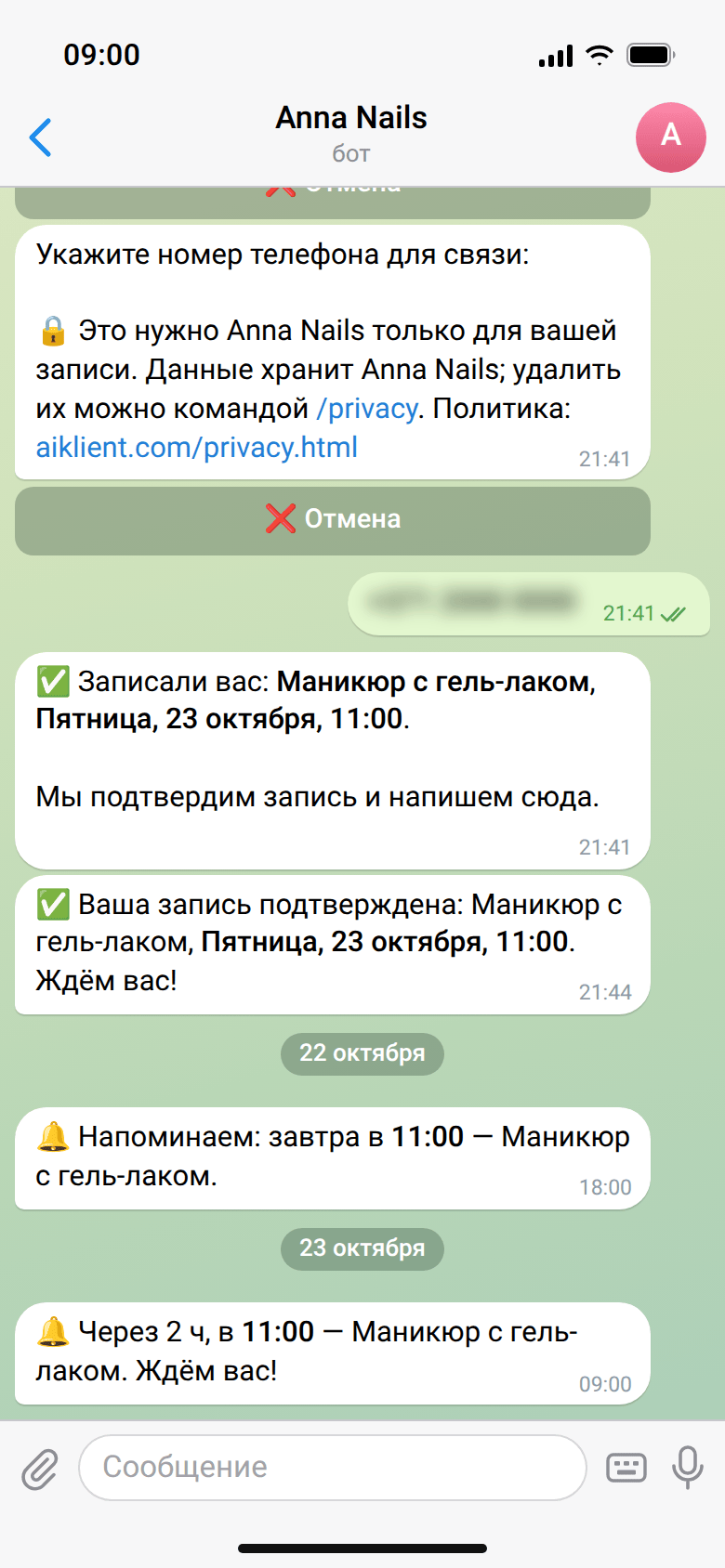 Подтверждение записи и два напоминания: накануне в 18:00 и в день визита за 2 часа